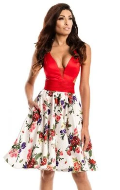 Cocktail Dresses Johnathan Kayne - 7208 Plunging V Neck Floral Cocktail Dress