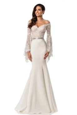 Johnathan Kayne - 7244 Bell Sleeve Off Shoulder Sparkly Mermaid Gown - 1 Pc Ivory/Nude In Size 8 Available Formal Gowns