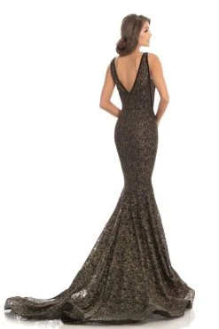 Formal Gowns Johnathan Kayne - 8218 Deep V-neck Glitter Lace Mermaid Gown