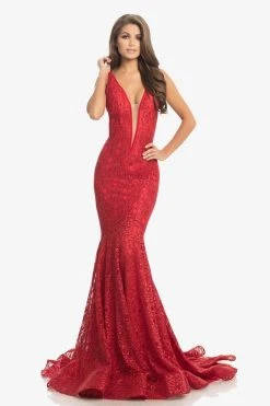 Formal Gowns Johnathan Kayne - 8218 Deep V-neck Glitter Lace Mermaid Gown