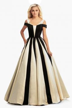 Johnathan Kayne - 9000 Two Tone V-neck Pleated Ballgown Formal Gowns