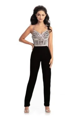 Plus Size Dresses Johnathan Kayne - 9069 Bejeweled Sweetheart Stretch Velvet Jumpsuit