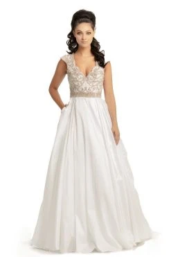 Formal Gowns Johnathan Kayne - 9081 Beaded V-Neck Cap Sleeves Ballgown