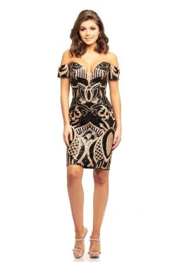 Johnathan Kayne - 9231 Sequined Plunging Off-shoulder Sheath Dress