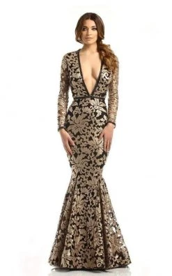 Johnathan Kayne - Sequined Plunging V-neck Mermaid Gown 6113 - 1 Pc Gold/Black In Size 4 Available Formal Gowns