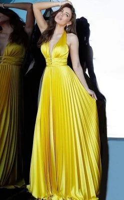 Formal Gowns Jovani - 00637 Deep V-neck Pleated Satin A-line Dress 9 Formal Gowns Jovani - 00637 Deep V-neck Pleated Satin A-line Dress