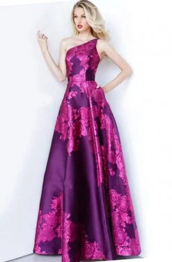 Jovani - 02045 One Shoulder Floral Print Satin Long Gown Formal Gowns