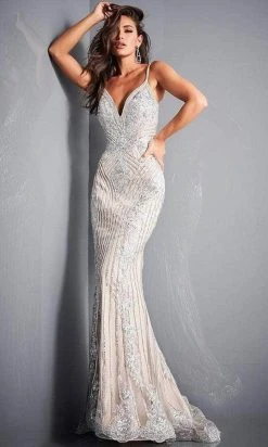 Jovani - 05752 Beaded Plunging V-Neck Mermaid Gown Formal Gowns
