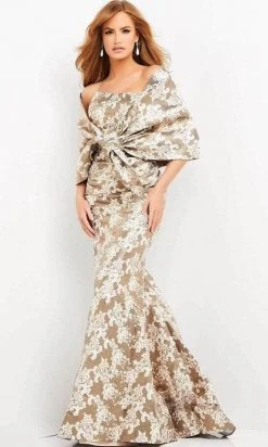 Jovani - 06760 Floral Strapless With Shawl Long Dress - 1 Pc Champagne In Size 4 Available Formal Gowns