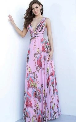 Formal Gowns Jovani - 1032 Printed Deep V-neck Chiffon A-line Dress