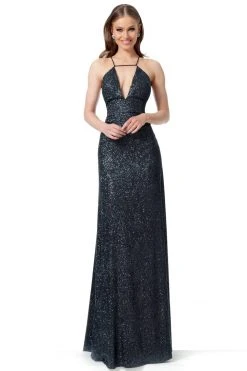Formal Gowns Jovani - 1551 Sleeveless Deep V-Neck Sheath Dress With Train