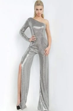Plus Size Dresses Jovani - 1722 One Shoulder Sequin Jumpsuit With Two Side Slit