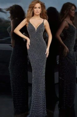 Jovani - 2262 Beaded Plunging V-Neck Sheath Dress Formal Gowns 6 Jovani - 2262 Beaded Plunging V-Neck Sheath Dress Formal Gowns