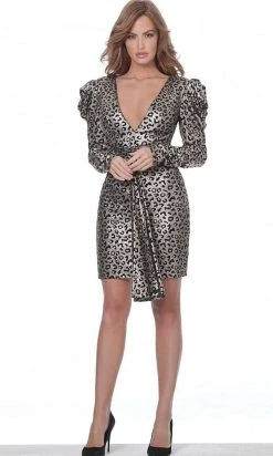 Jovani - 3168 Puff Long Sleeve Animal Print Sheath Dress Cocktail Dresses