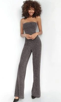 Jovani - 3259 Metallic Strapless Straight-Across Jumpsuit Long Dresses