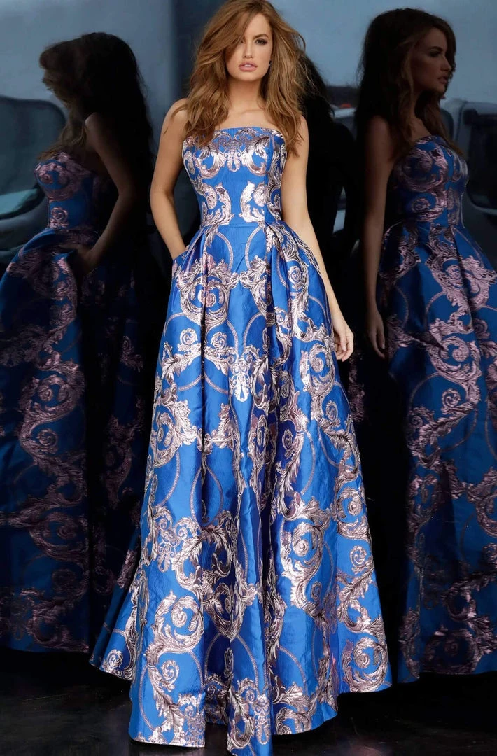 Jovani - 3771 Strapless Print Jacquard Pleated Ballgown Formal Gowns 6 Jovani - 3771 Strapless Print Jacquard Pleated Ballgown Formal Gowns