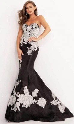 Jovani - 3917 Floral Printed Strapless Mermaid Dress - 1 Pc Black/Silver In Size 20 Available