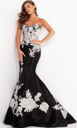 Jovani - 3917 Floral Printed Strapless Mermaid Dress - 1 Pc Black/Silver In Size 20 Available