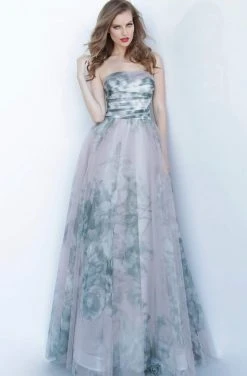 Jovani - 4434 Strapless Printed Pleated Straight Neck A-line Dress