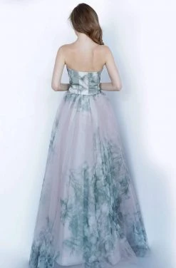 Jovani - 4434 Strapless Printed Pleated Straight Neck A-line Dress