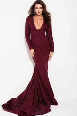 Jovani - 55791 Plunging Stretch Glitter Jersey Trumpet Dress Formal Gowns