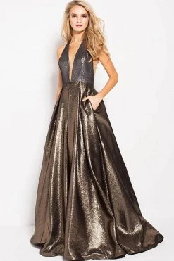 Formal Gowns Jovani - 57237 Plunging Halter Metallic A-Line Prom Gown