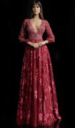 Formal Gowns Jovani - 62143 Plunging V-Neck Floral Embroidered Long Gown