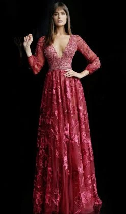 Formal Gowns Jovani - 62143 Plunging V-Neck Floral Embroidered Long Gown
