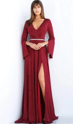 Formal Gowns Jovani - 63124 Split Long Sleeve Glitter High Slit Gown
