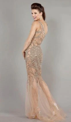 Jovani - 6395SC Bejeweled Sheer Asymmetric Long Gown - 1 Pc Navy In Size 8 Available Formal Gowns