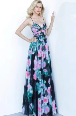Formal Gowns Jovani - 65614 Printed Deep V-neck A-line Dress