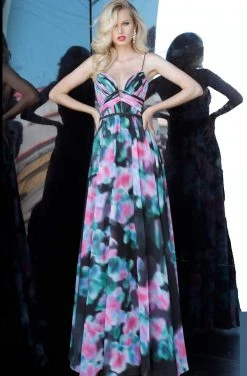 Formal Gowns Jovani - 65614 Printed Deep V-neck A-line Dress