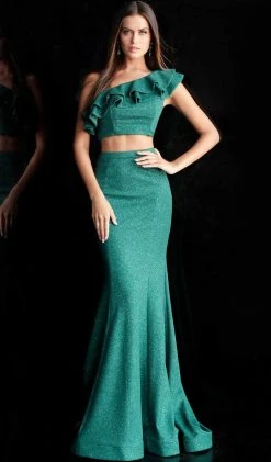 Jovani - 66271 Two Piece Ruffled Asymmetric Mermaid Dress With Train Formal Gowns