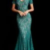 Jovani - 66730 Embellished Lace Short Sleeve V-neck Trumpet Dress Formal Gowns