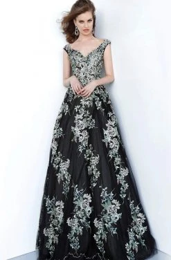 Jovani - 66883 Embroidered Wide V-neck Ballgown Formal Gowns