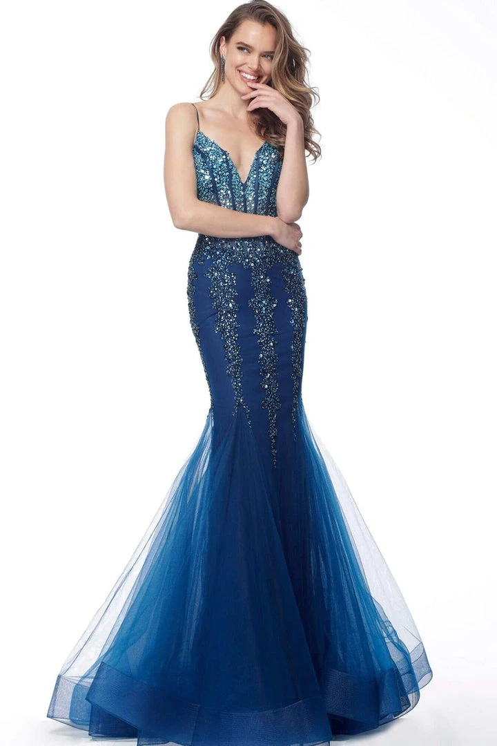 Jovani - 67034 Jewel Beaded Tulle V Neck Mermaid Dress Formal Gowns 3 Jovani - 67034 Jewel Beaded Tulle V Neck Mermaid Dress Formal Gowns