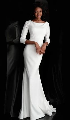 Jovani - 67662 Quarter Length Sleeve Bateau Trumpet Dress Formal Gowns