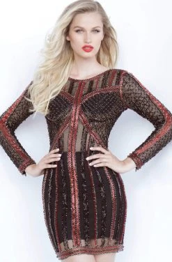 Jovani - 68478 Embellished Long Sleeve Bateau Fitted Dress Cocktail Dresses