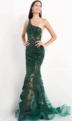 Jovani - Asymmetric Sequin Lace Prom Gown 02895SC - 1 Pc Forest In Size 6 Available