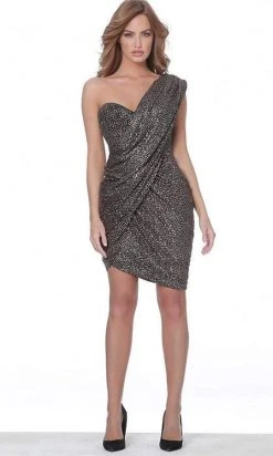 Cocktail Dresses Jovani - Asymmetrical Ruched Metallic Cocktail Dress 04922SC - 1 Pc Black/Rose Gold In Size 10 Available