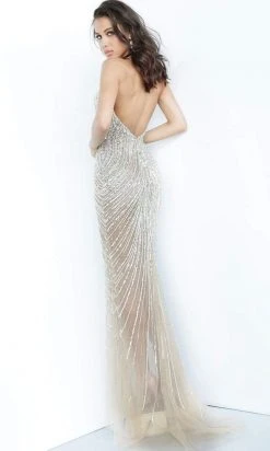 Jovani - Beaded Deep V-neck Trumpet Dress With Train 2609SC - 1 Pc Nude In Size 4 Available