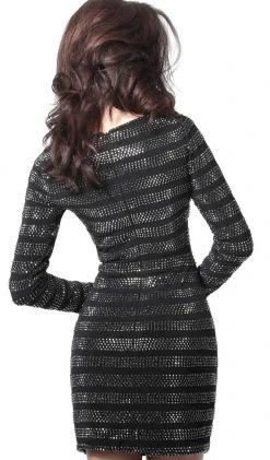 Jovani - Beaded Long Sleeve Bateau Sheath Dress 61881SC - 1 Pc Black In Size 2 Available Cocktail Dresses