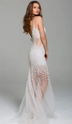 Formal Gowns Jovani - Beaded Plunging V-neck Tulle Trumpet Dress 60695SC 8 Formal Gowns Jovani - Beaded Plunging V-neck Tulle Trumpet Dress 60695SC