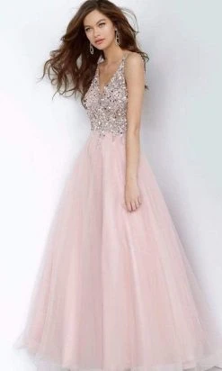 JVN By Jovani Jovani - Beaded Sleeveless V-Back Ballgown JVN2007SC - 1 Pc Blush In Size 12 Available Formal Gowns