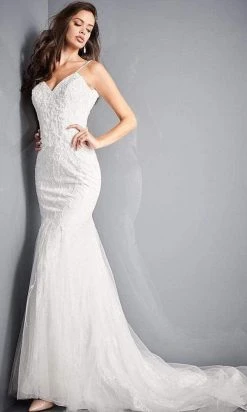 Jovani Bridal - JB03909 Thin Strap Beaded Wedding Gown Formal Gowns