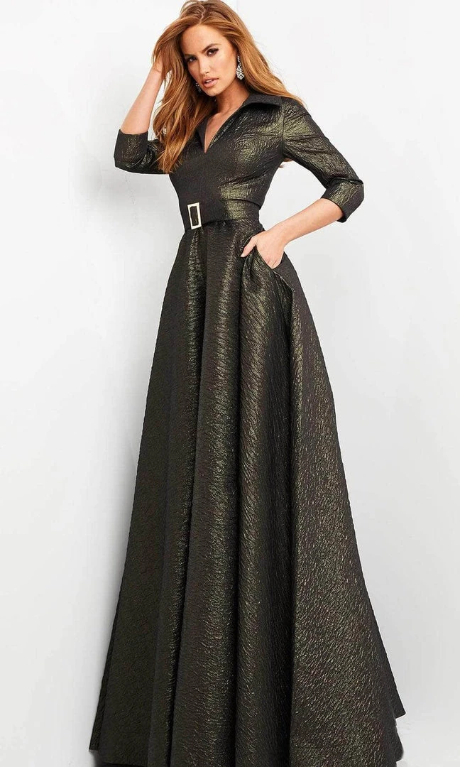 Jovani - Collared V-Neck Metallic Evening Dress 05075SC - 1 Pc Olive In Size 8 Available Formal Gowns 3 Jovani - Collared V-Neck Metallic Evening Dress 05075SC - 1 Pc Olive In Size 8 Available Formal Gowns