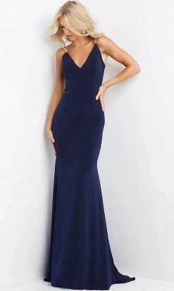 Formal Gowns Jovani - Embellished Backless Trumpet Dress 07297SC - 1 Pc Navy In Size 00 And 1 Pc Light-Blue In Size 4 Available