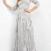 Formal Gowns Jovani - Embellished Quarter Sleeves A-Line Dress 04435SC - 1 Pc Silver In Size 6 Available 2 Formal Gowns Jovani - Embellished Quarter Sleeves A-Line Dress 04435SC - 1 Pc Silver In Size 6 Available