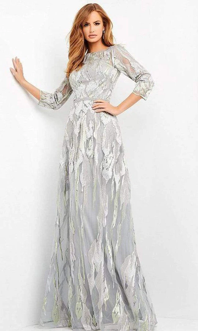 Formal Gowns Jovani - Embellished Quarter Sleeves A-Line Dress 04435SC - 1 Pc Silver In Size 6 Available 3 Formal Gowns Jovani - Embellished Quarter Sleeves A-Line Dress 04435SC - 1 Pc Silver In Size 6 Available
