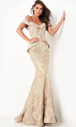Formal Gowns Jovani - Embroidered Peplum Evening Gown 02762SC - 1 Pc Gold In Size 18 Available